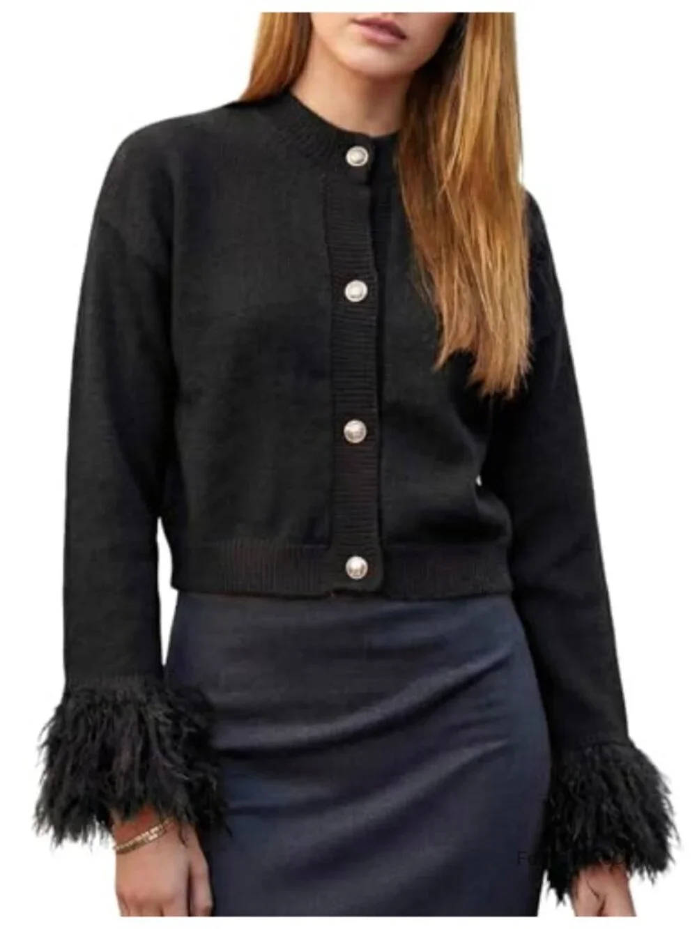 Women Feather Cuff Cropped Cardigan Knit Button Sweater Tassel Sleeve